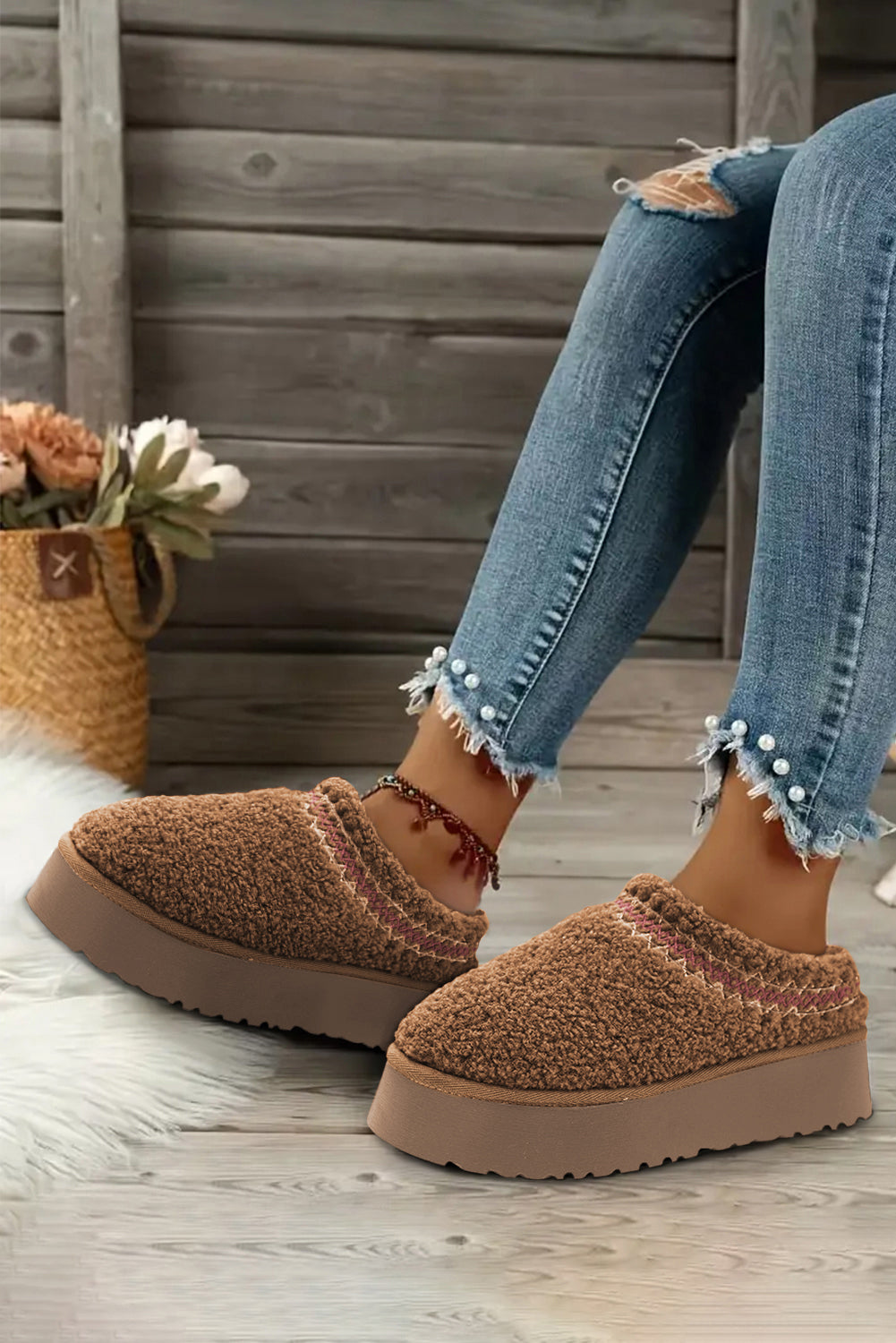 Embroidered Plush Slippers