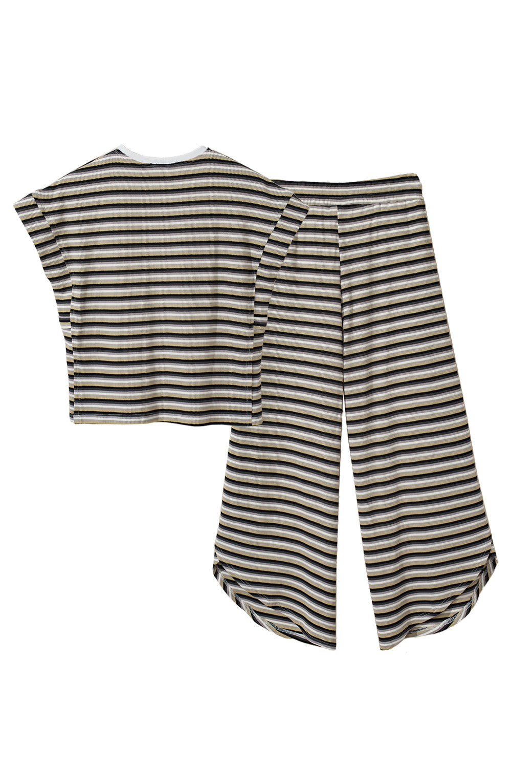 Yellow Stripe Rainbow Tee Tasseled String Wide Leg Pants Set
