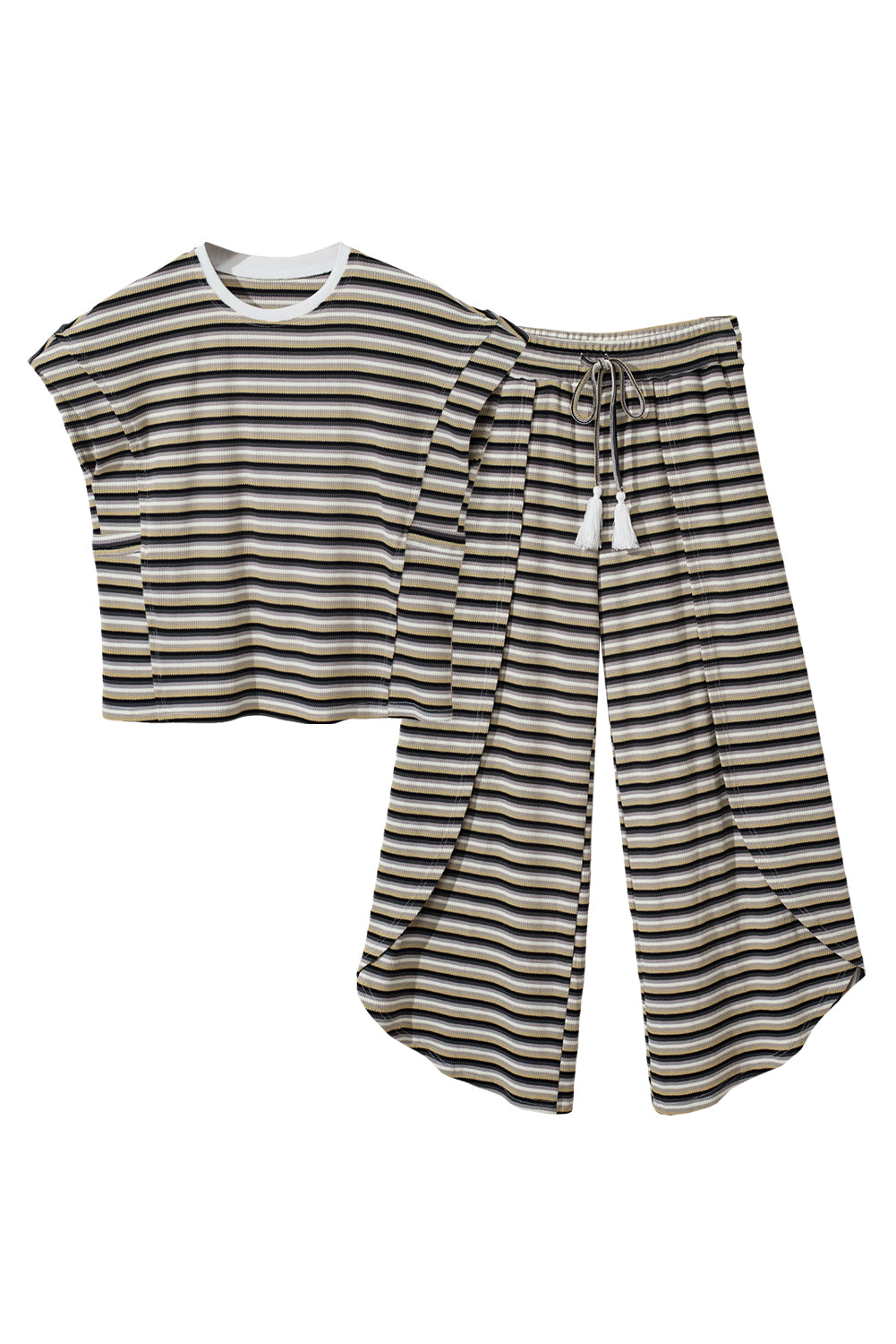 Yellow Stripe Rainbow Tee Tasseled String Wide Leg Pants Set
