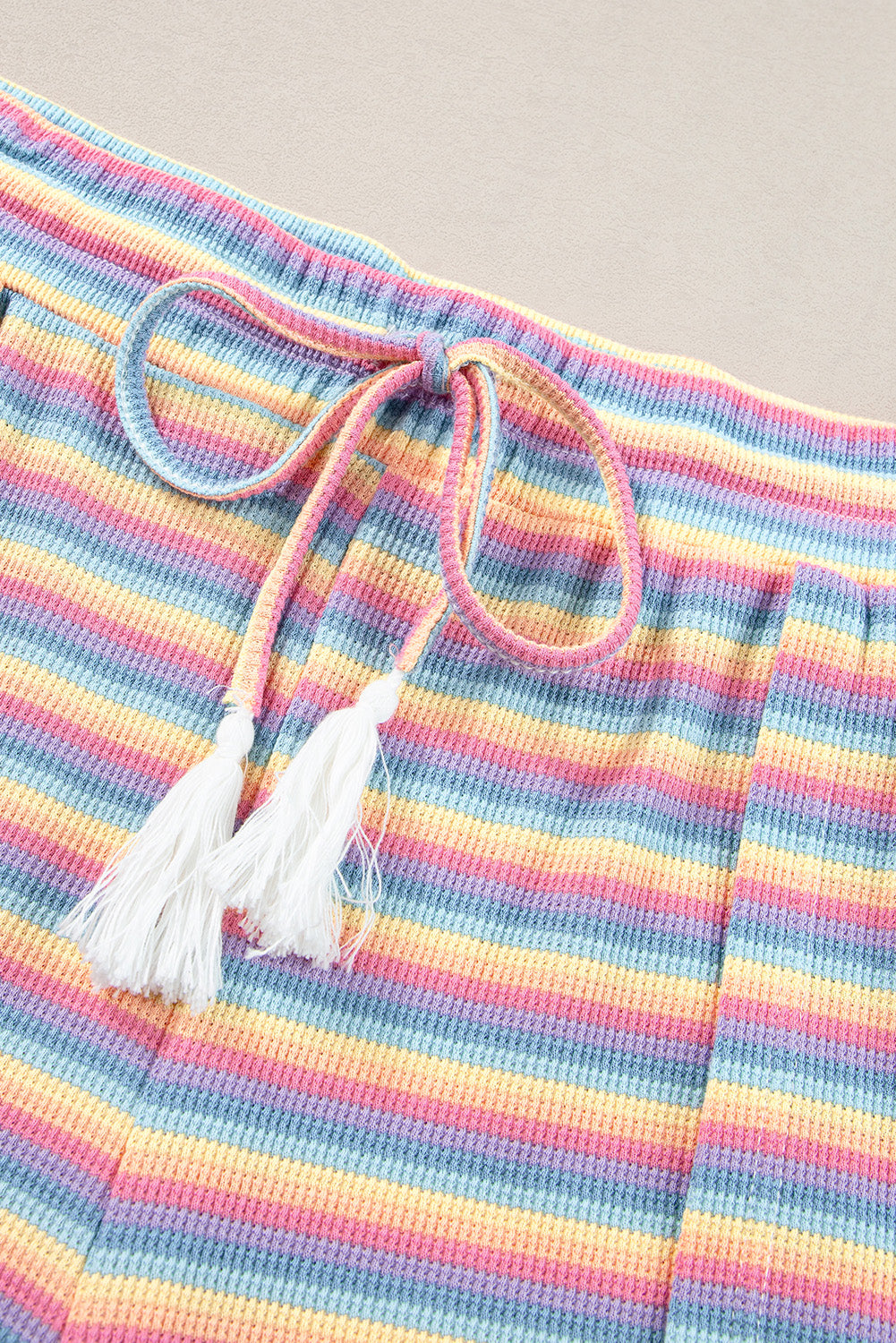 Yellow Stripe Rainbow Tee Tasseled String Wide Leg Pants Set