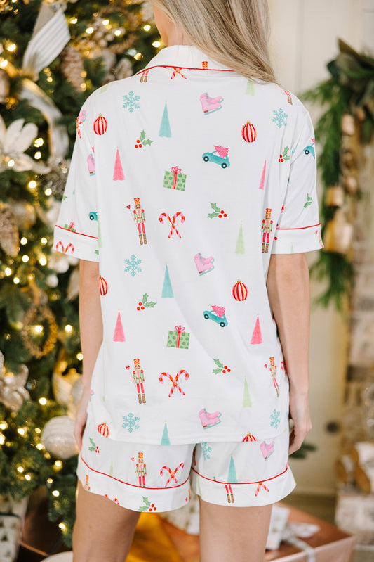 White Christmas Print Shorts Pajama Set