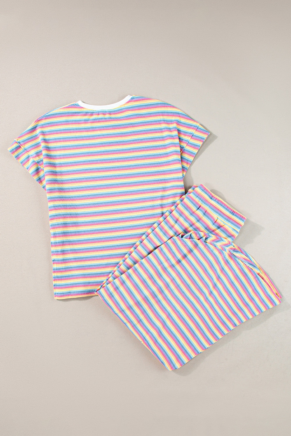 Yellow Stripe Rainbow Tee Tasseled String Wide Leg Pants Set