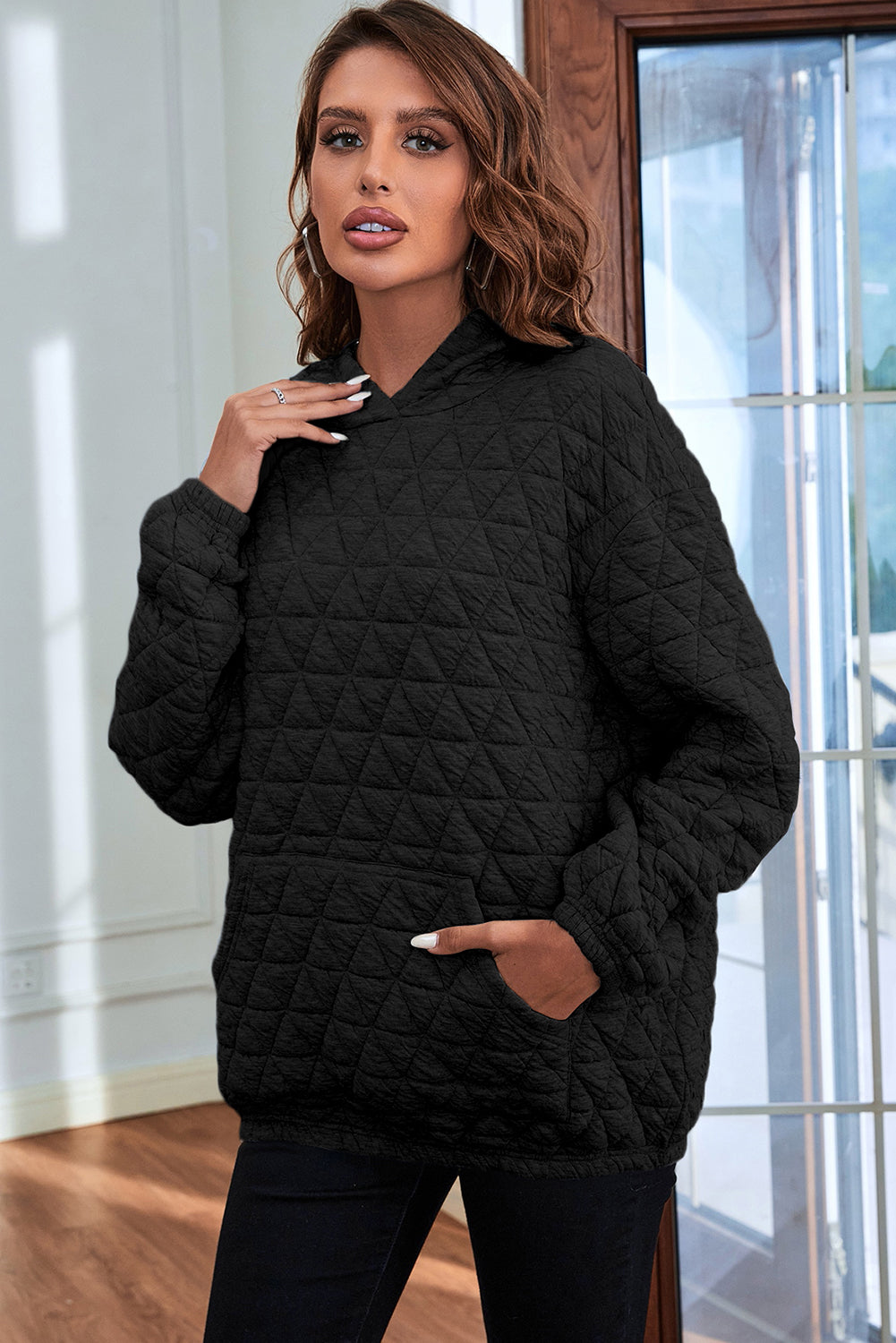 Dark Grey Solid Quilted Pullover and Pants Outfit
