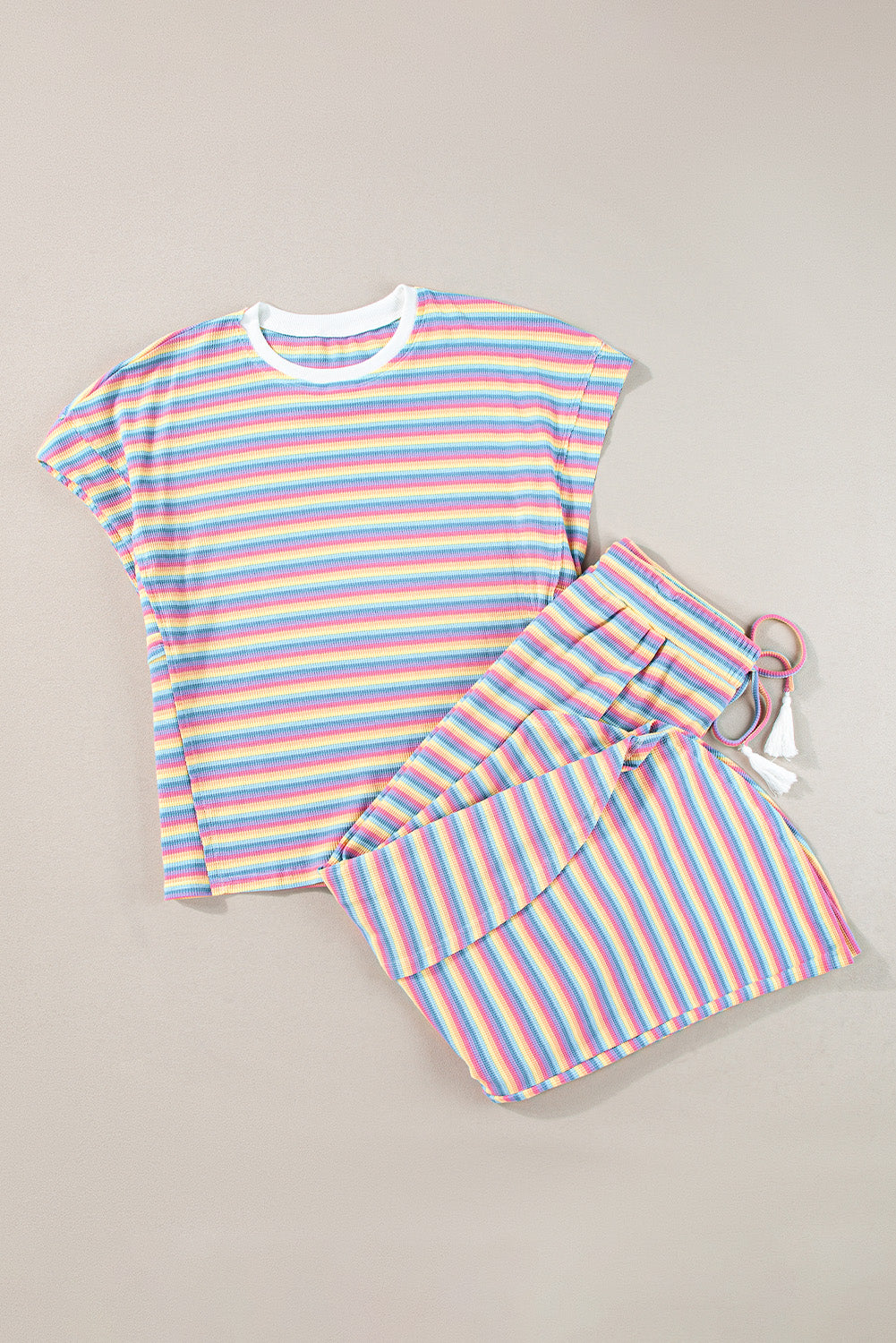 Yellow Stripe Rainbow Tee Tasseled String Wide Leg Pants Set