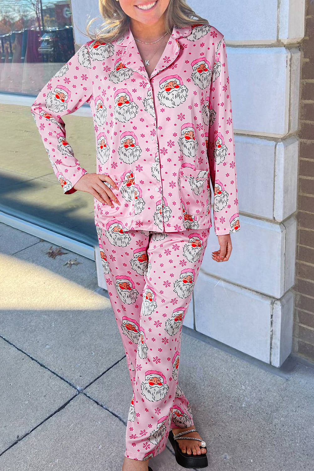 Pink Santa Claus Snowflake Christmas Pajama Set