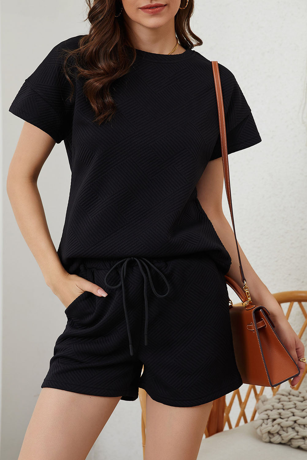 Gray Textured Loose Fit T Shirt and Drawstring Pants Set