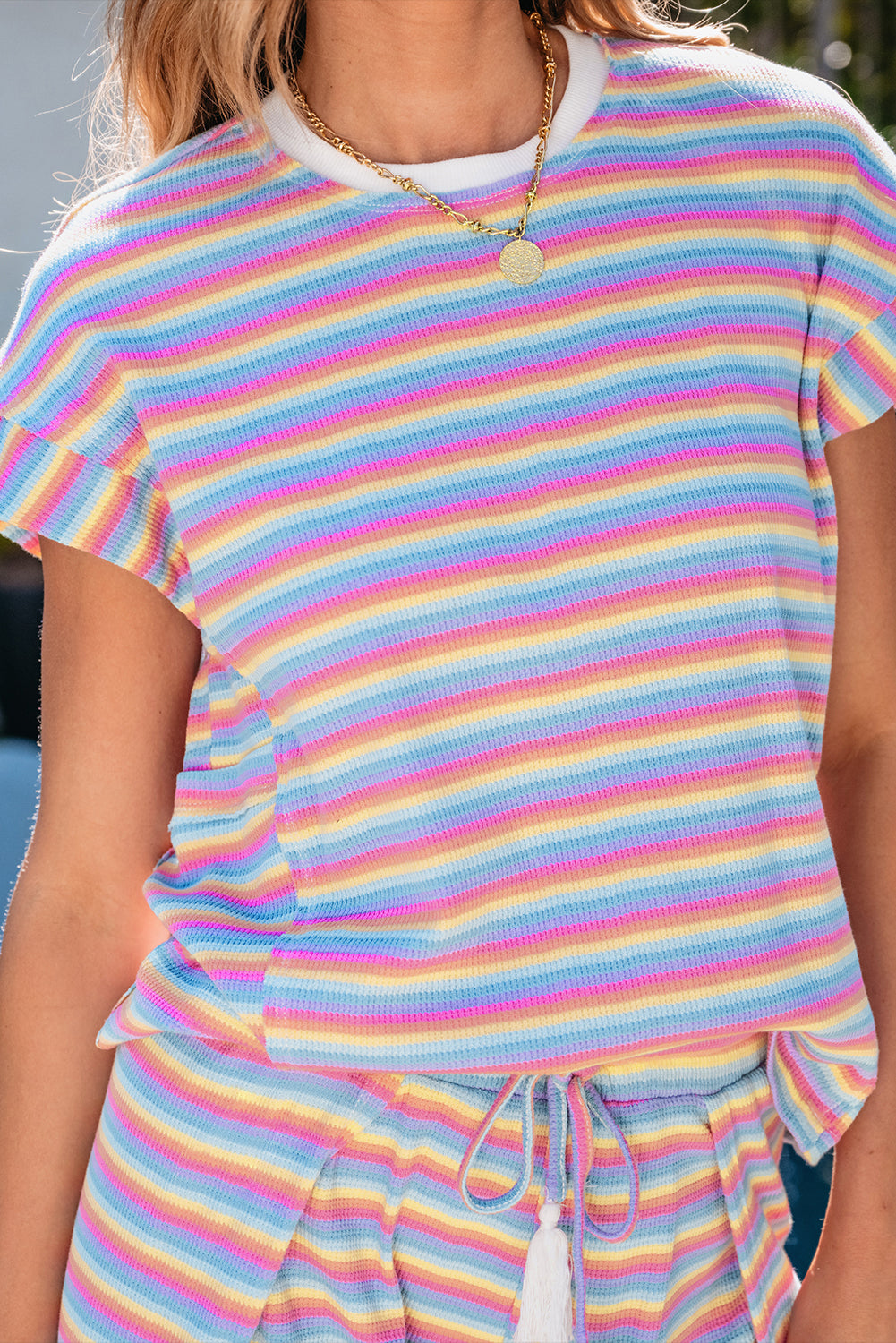 Yellow Stripe Rainbow Tee Tasseled String Wide Leg Pants Set