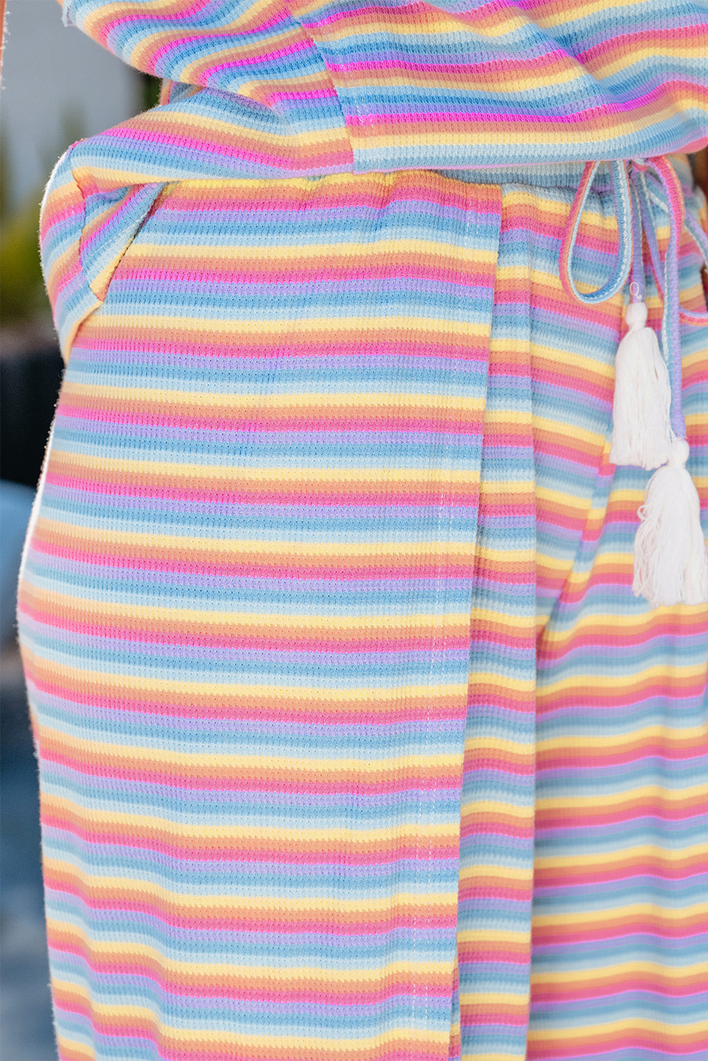 Yellow Stripe Rainbow Tee Tasseled String Wide Leg Pants Set