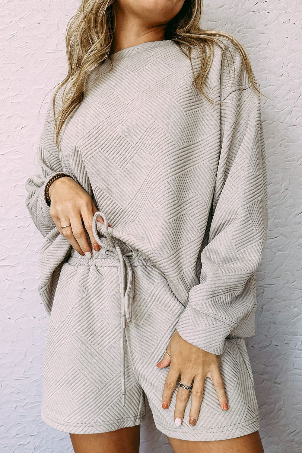 Gray Textured Loose Fit T Shirt and Drawstring Pants Set