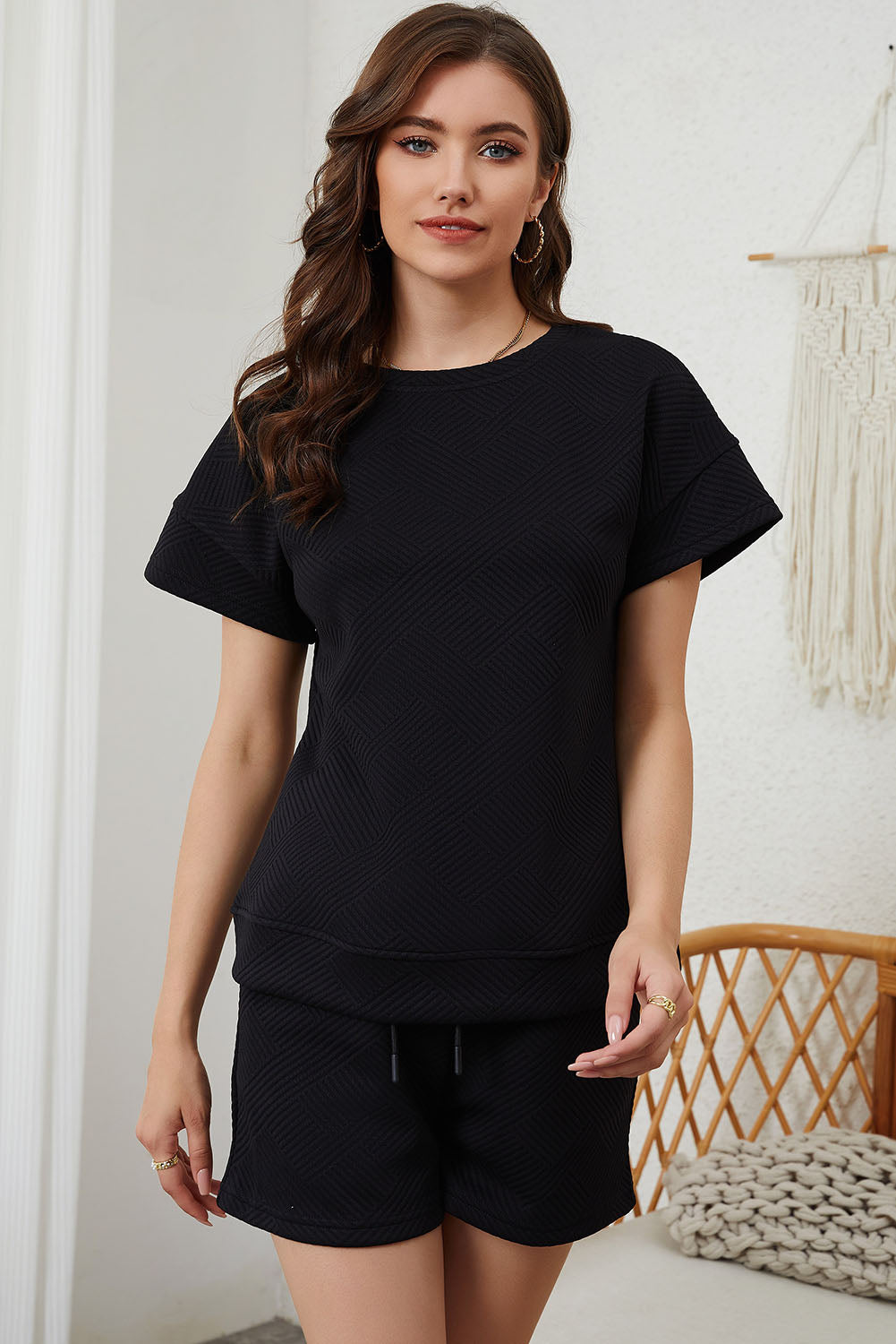 Gray Textured Loose Fit T Shirt and Drawstring Pants Set