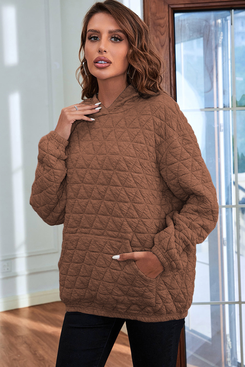 Dark Grey Solid Quilted Pullover and Pants Outfit