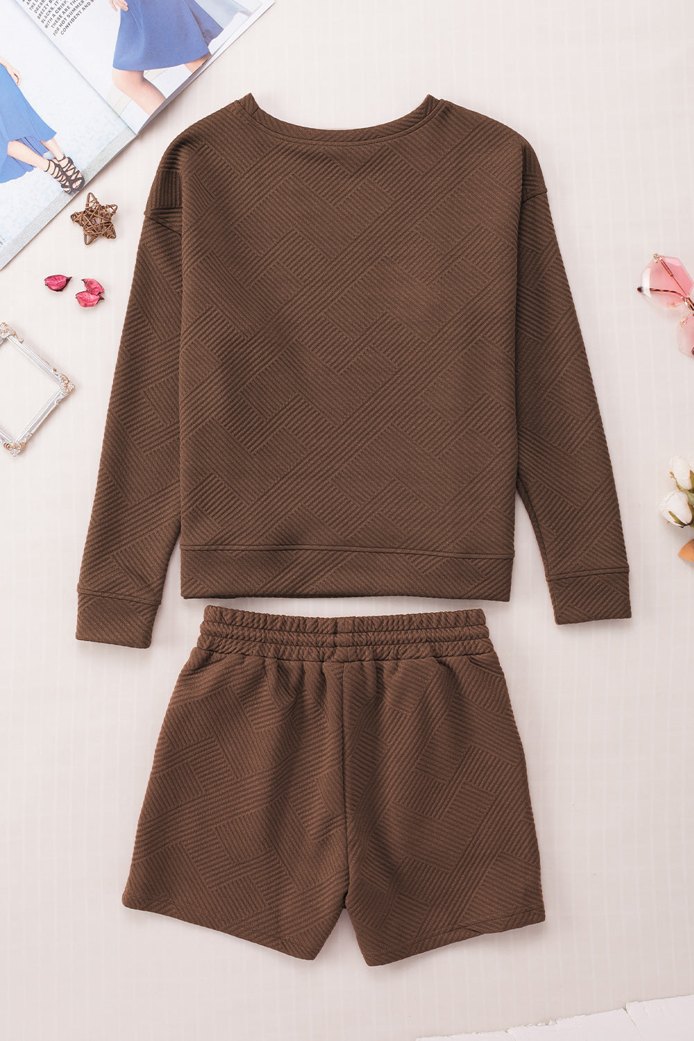 Gray Textured Loose Fit T Shirt and Drawstring Pants Set