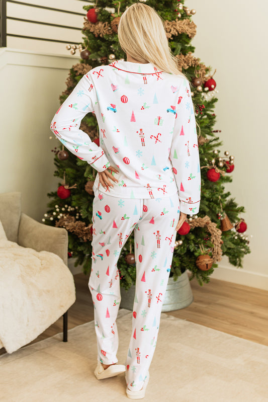 White Christmas Print Lapel Sleepwear