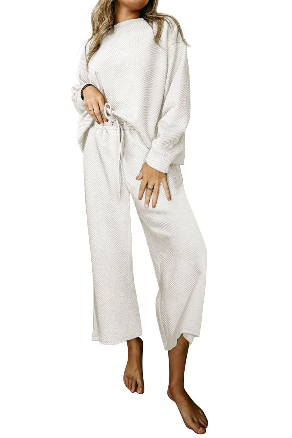 Gray Textured Loose Fit T Shirt and Drawstring Pants Set