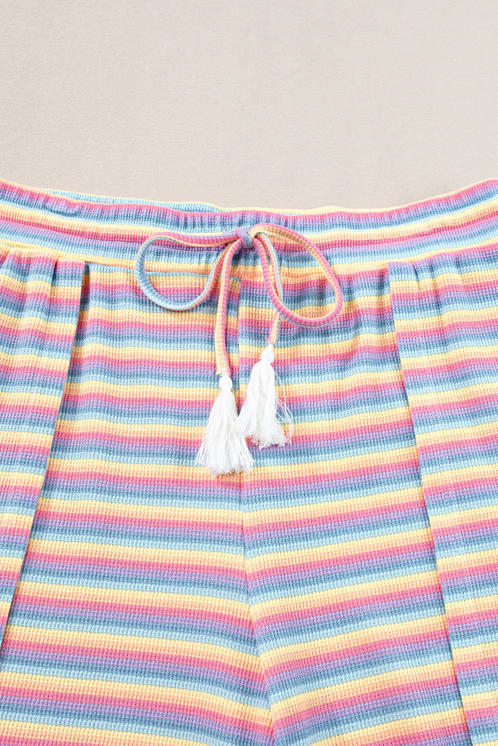 Yellow Stripe Rainbow Tee Tasseled String Wide Leg Pants Set