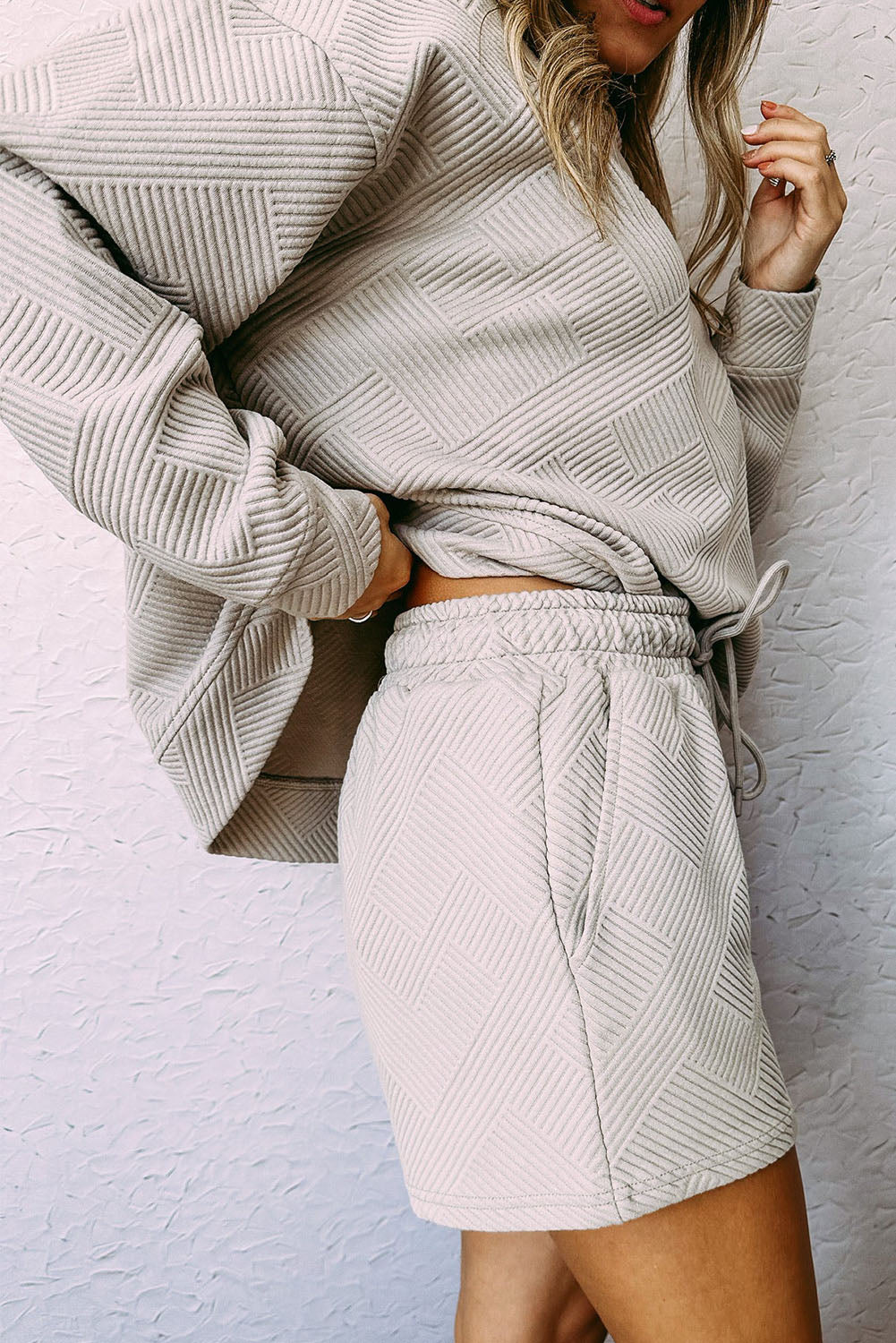 Gray Textured Loose Fit T Shirt and Drawstring Pants Set