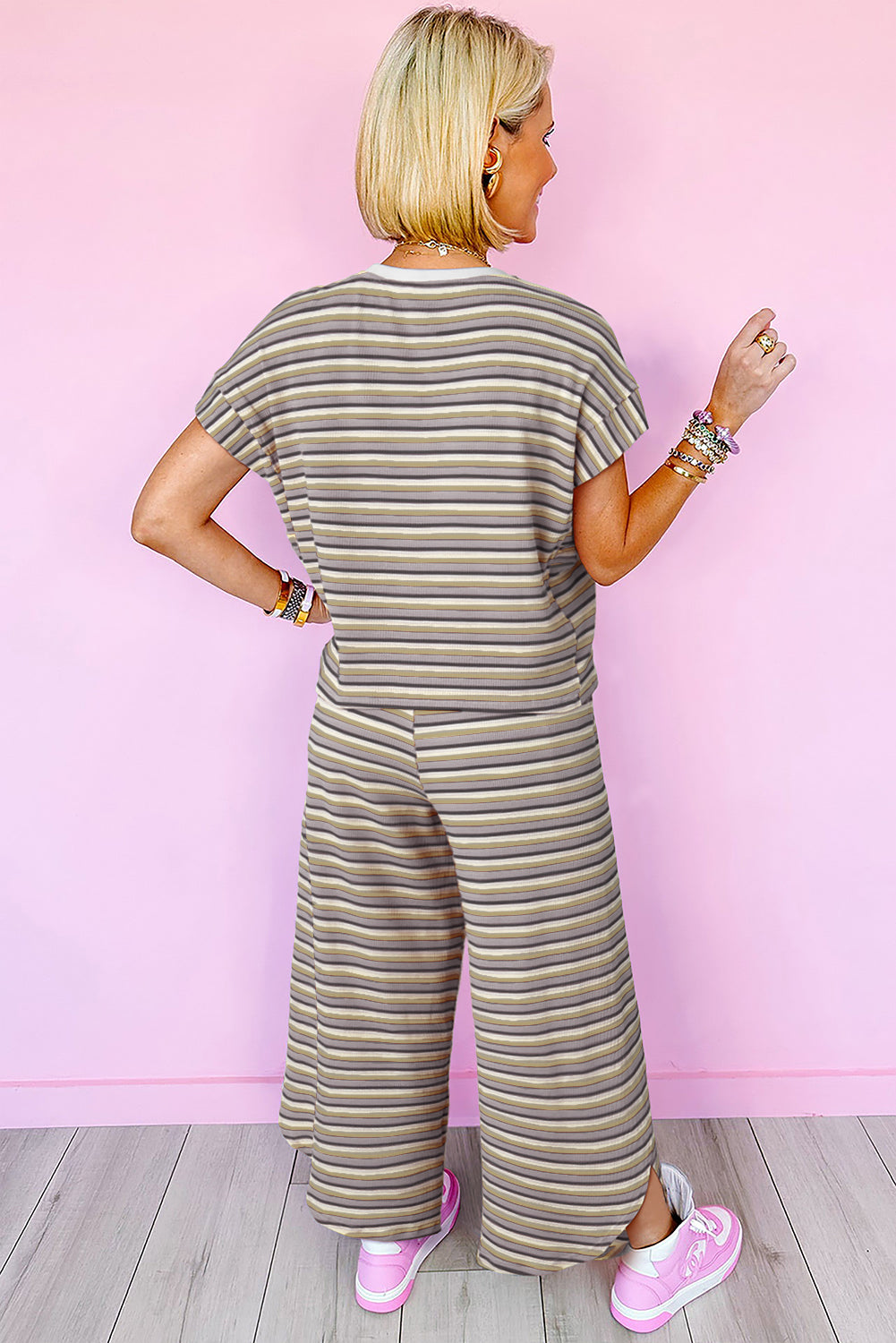 Yellow Stripe Rainbow Tee Tasseled String Wide Leg Pants Set