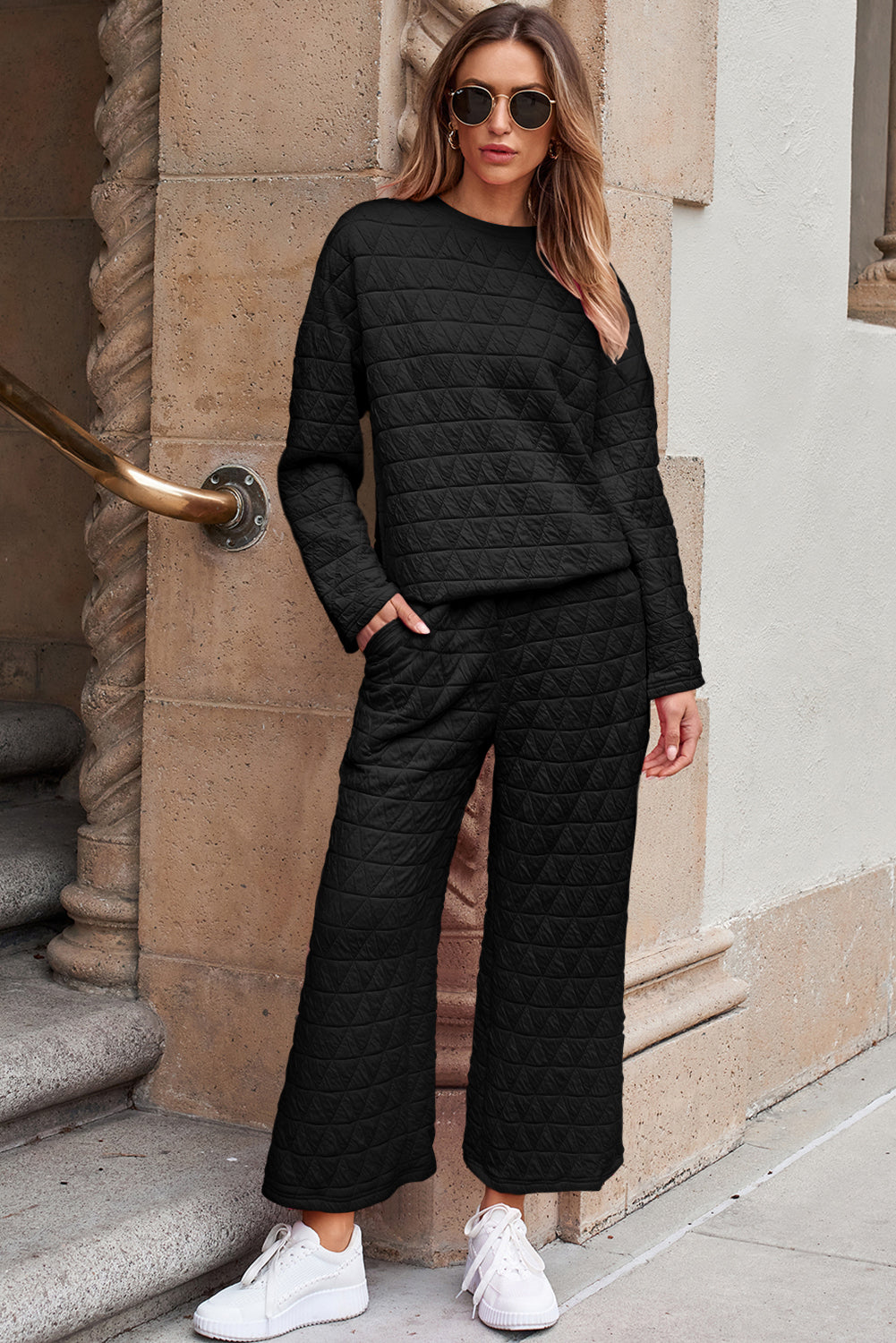 Dark Grey Solid Quilted Pullover and Pants Outfit