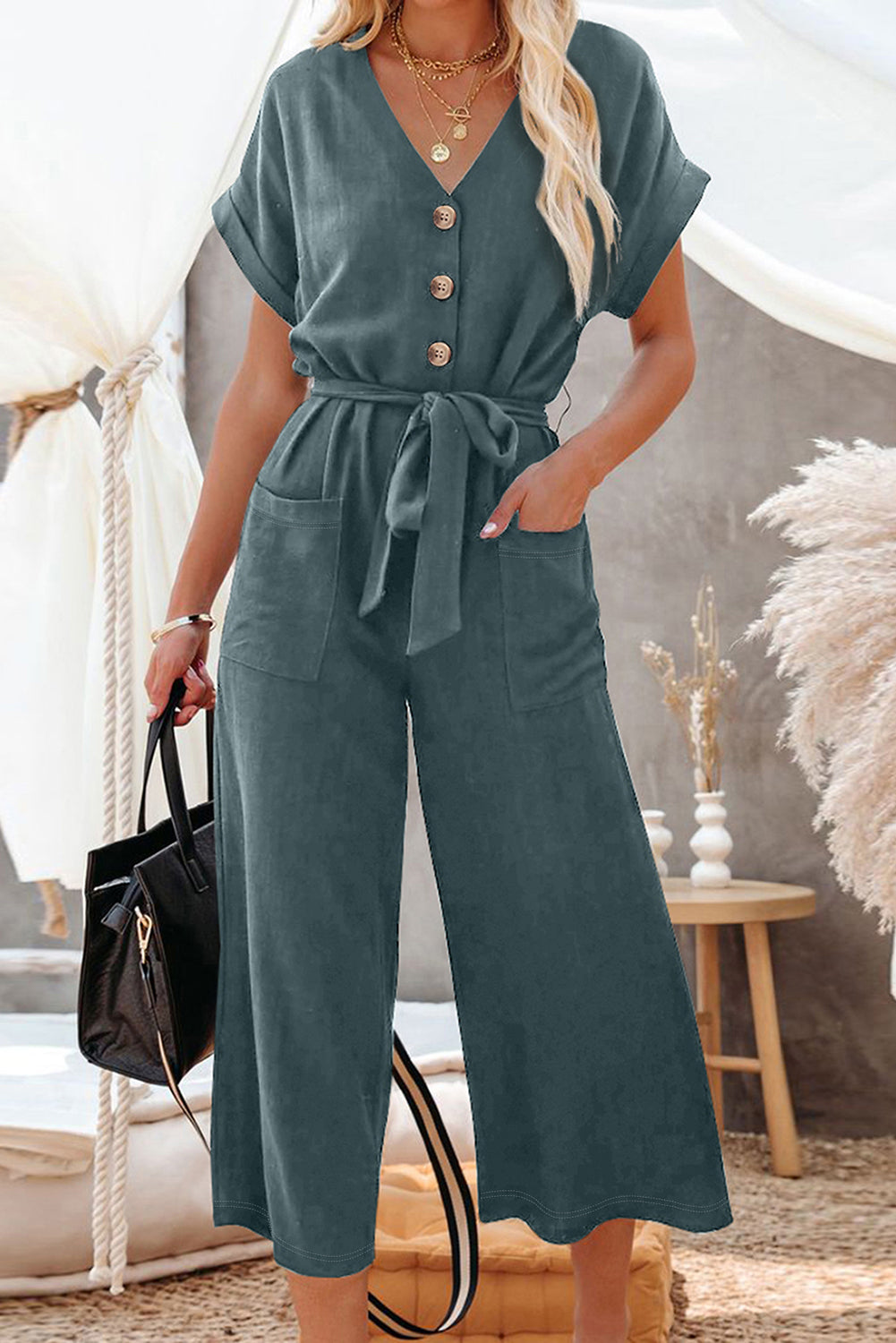 Dolman Button Belted V Neck Wide Leg Pocketed Jumpsuit