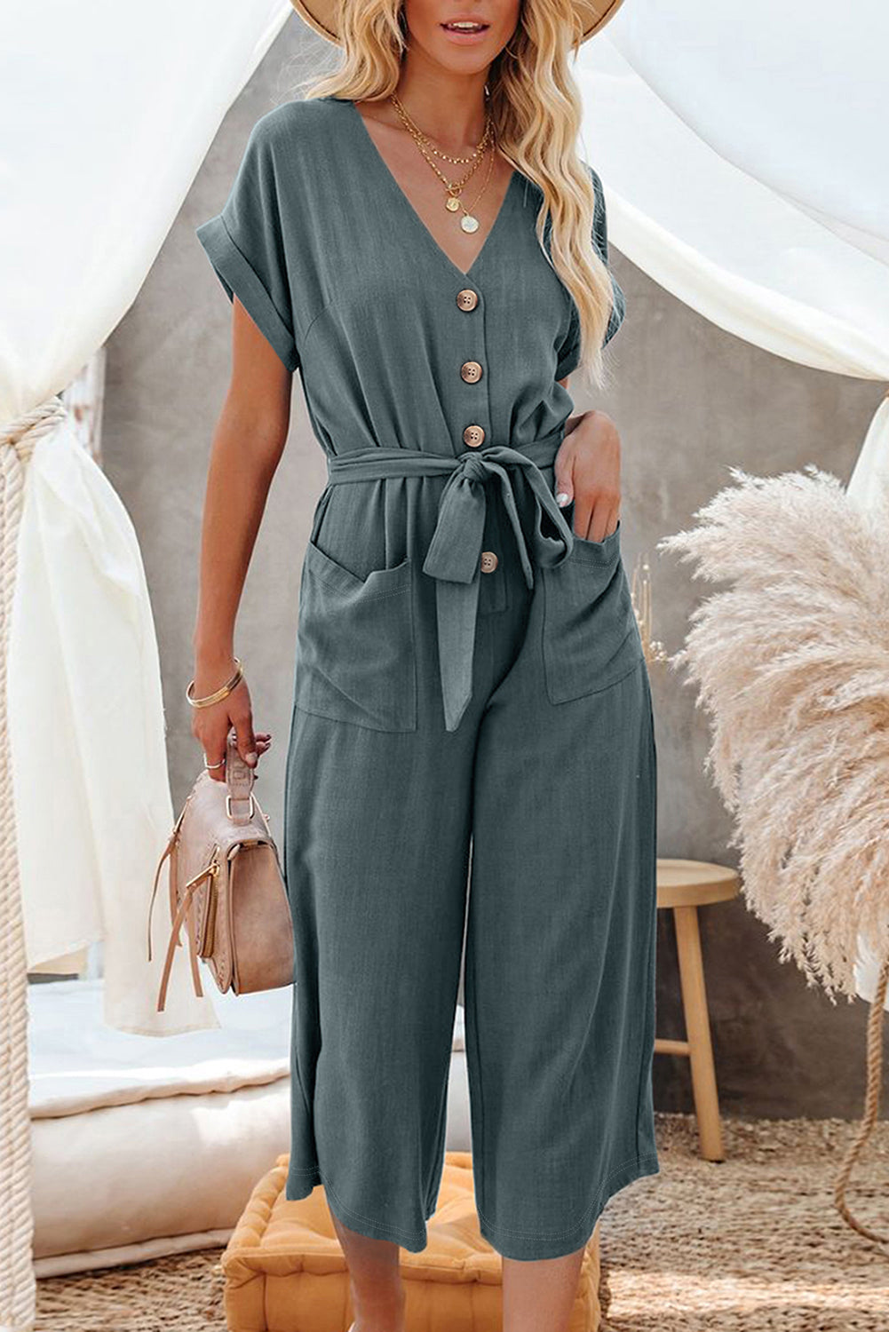 Dolman Button Belted V Neck Wide Leg Pocketed Jumpsuit