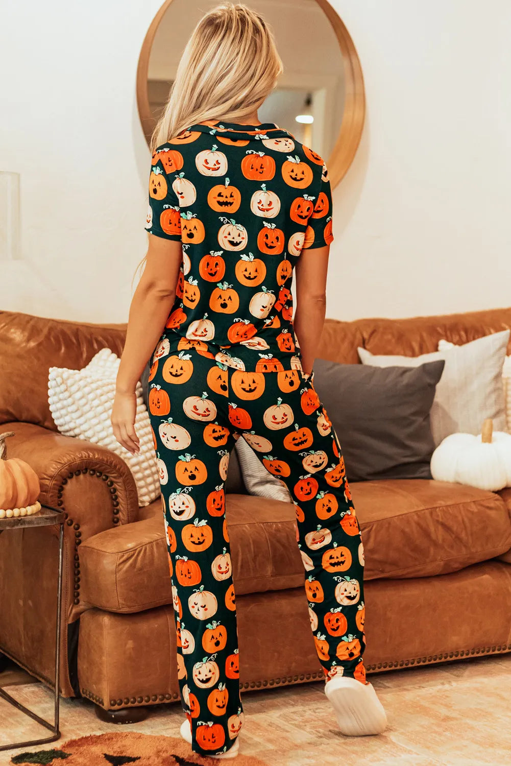 Pumpkin Printed Short Sleeve Top and Pants Lounge Set