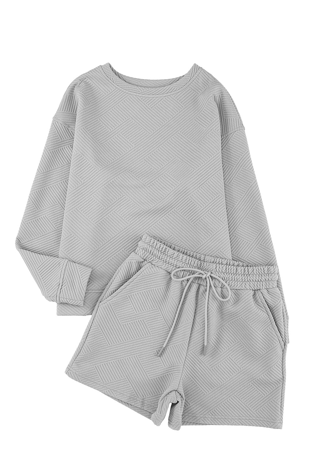 Gray Textured Loose Fit T Shirt and Drawstring Pants Set