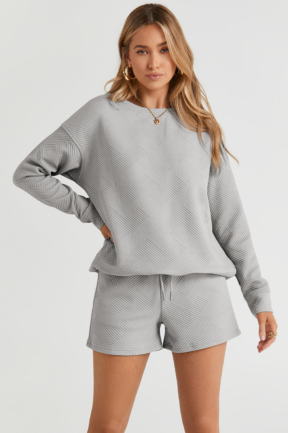 Gray Textured Loose Fit T Shirt and Drawstring Pants Set