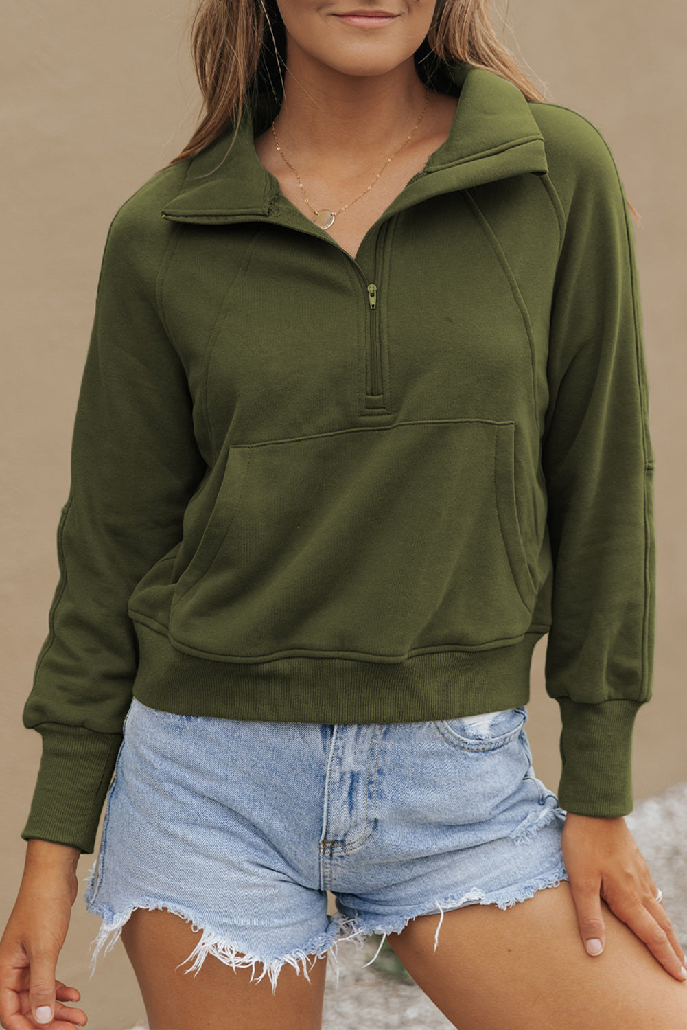 Green Zip Up Stand Collar Ribbed Thumbhole Sleeve Sweatshirt