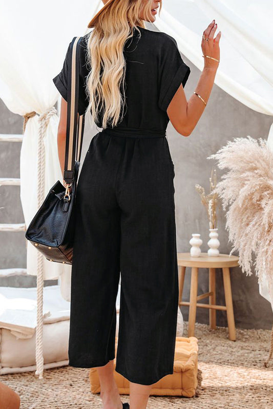 Dolman Button Belted V Neck Wide Leg Pocketed Jumpsuit