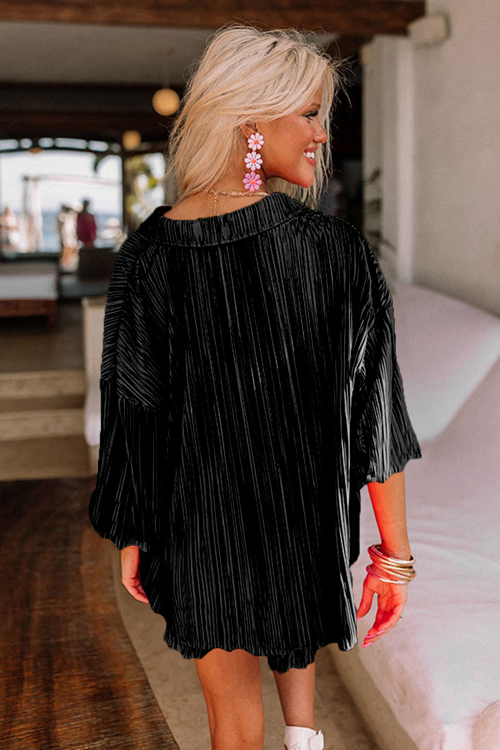 Black Pleated Long Sleeve Shirt and Wide-Leg Pants Set