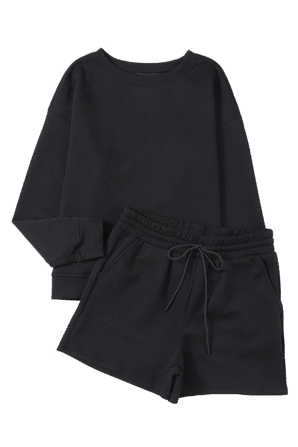 Gray Textured Loose Fit T Shirt and Drawstring Pants Set