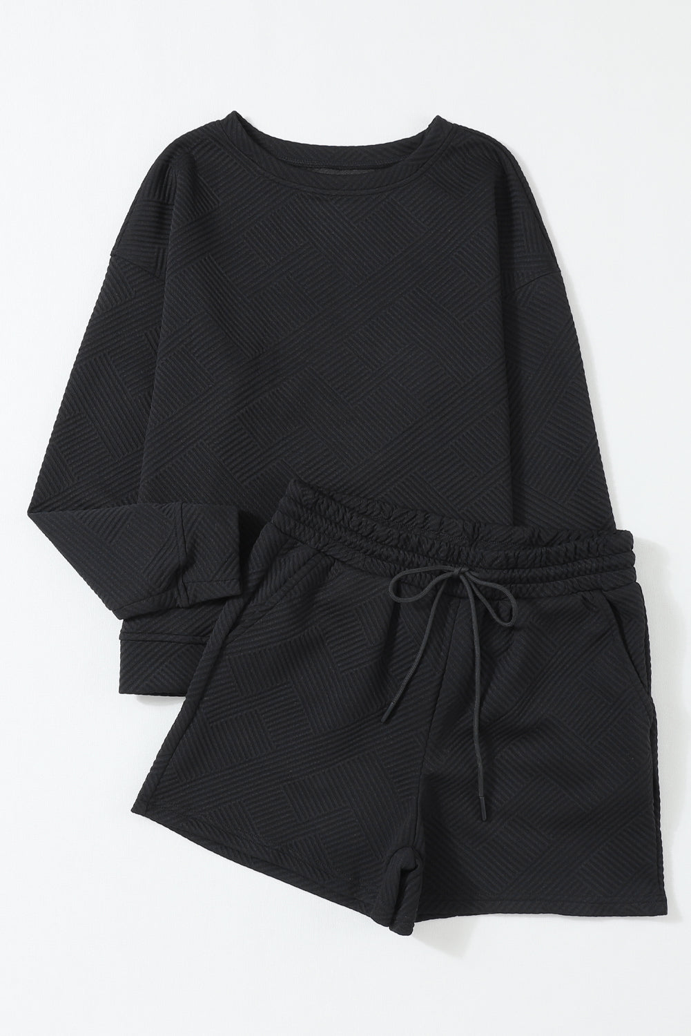 Gray Textured Loose Fit T Shirt and Drawstring Pants Set