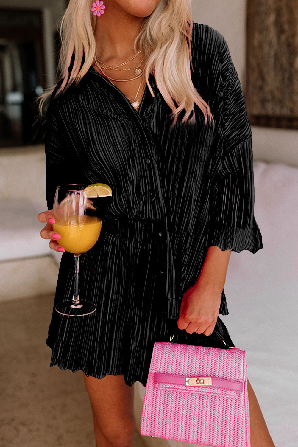 Black Pleated Long Sleeve Shirt and Wide-Leg Pants Set