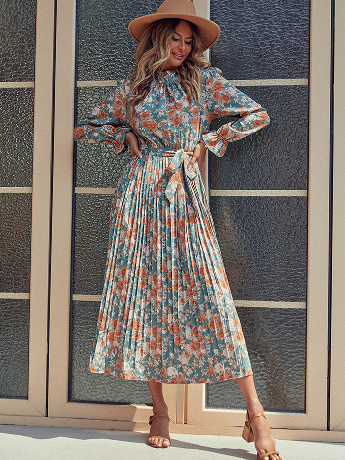 Perfee Tied Pleated Printed Mock Neck Long Sleeve Dress