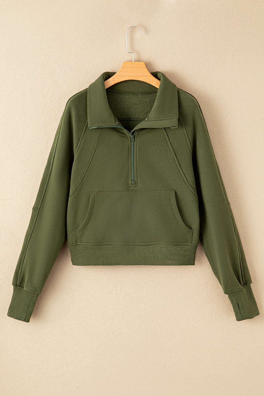 Green Zip Up Stand Collar Ribbed Thumbhole Sleeve Sweatshirt