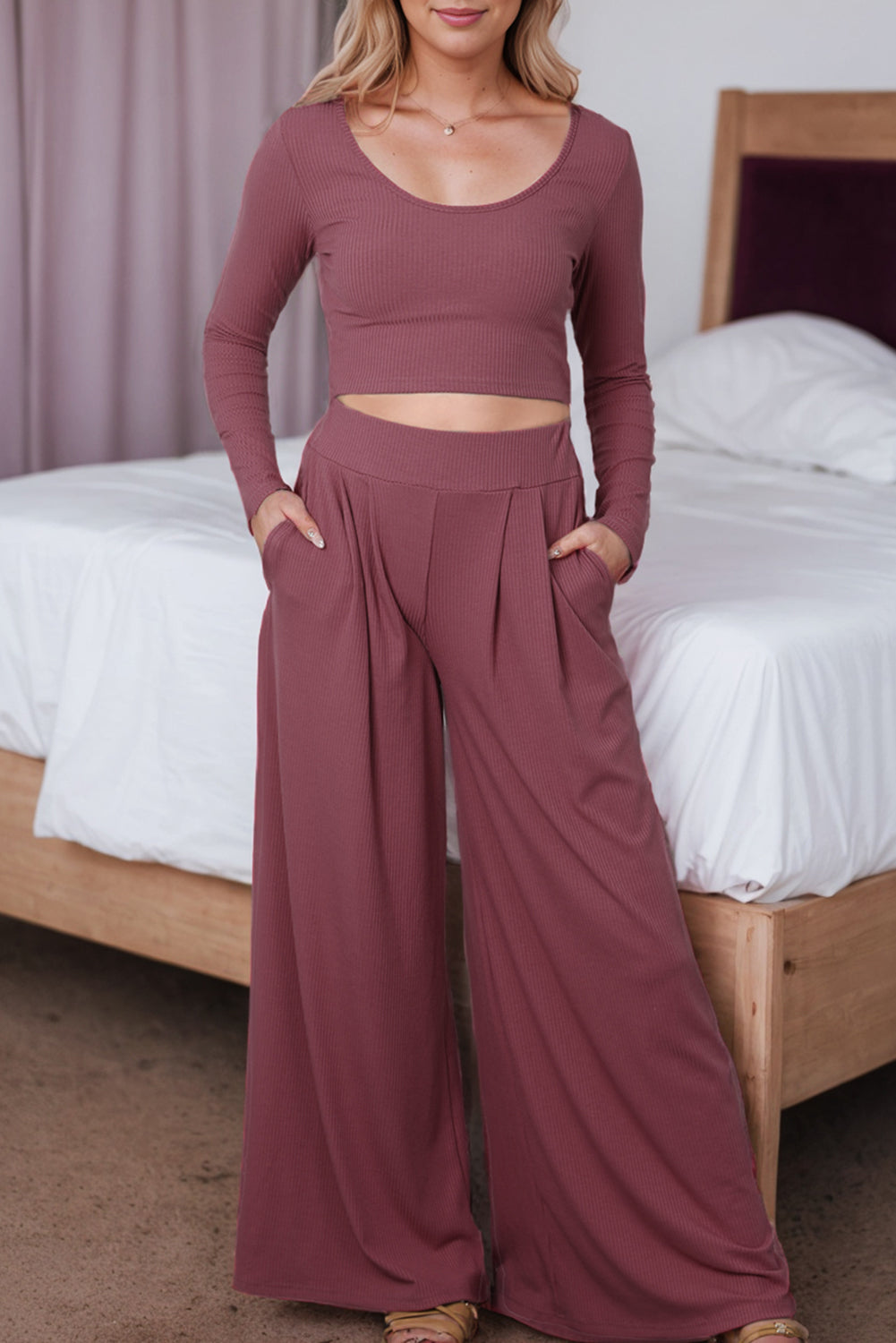 Solid Color Ribbed Crop Top Long Pants Set