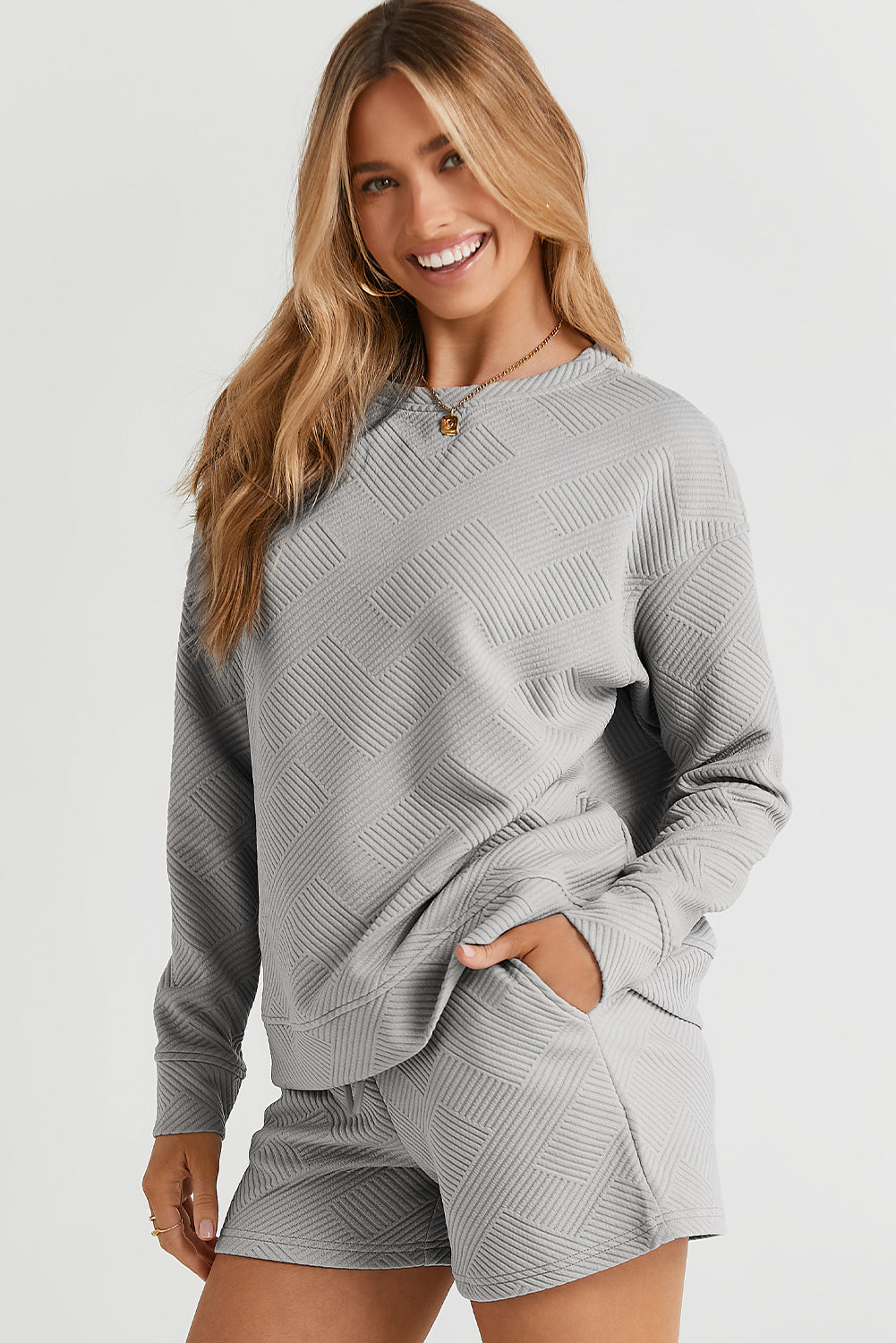 Gray Textured Loose Fit T Shirt and Drawstring Pants Set