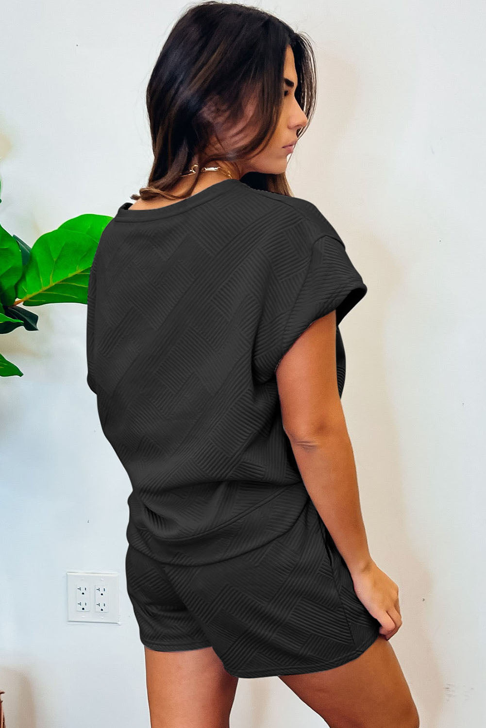 Gray Textured Loose Fit T Shirt and Drawstring Pants Set