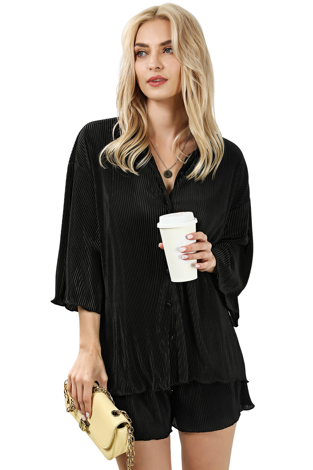 Black Pleated Long Sleeve Shirt and Wide-Leg Pants Set