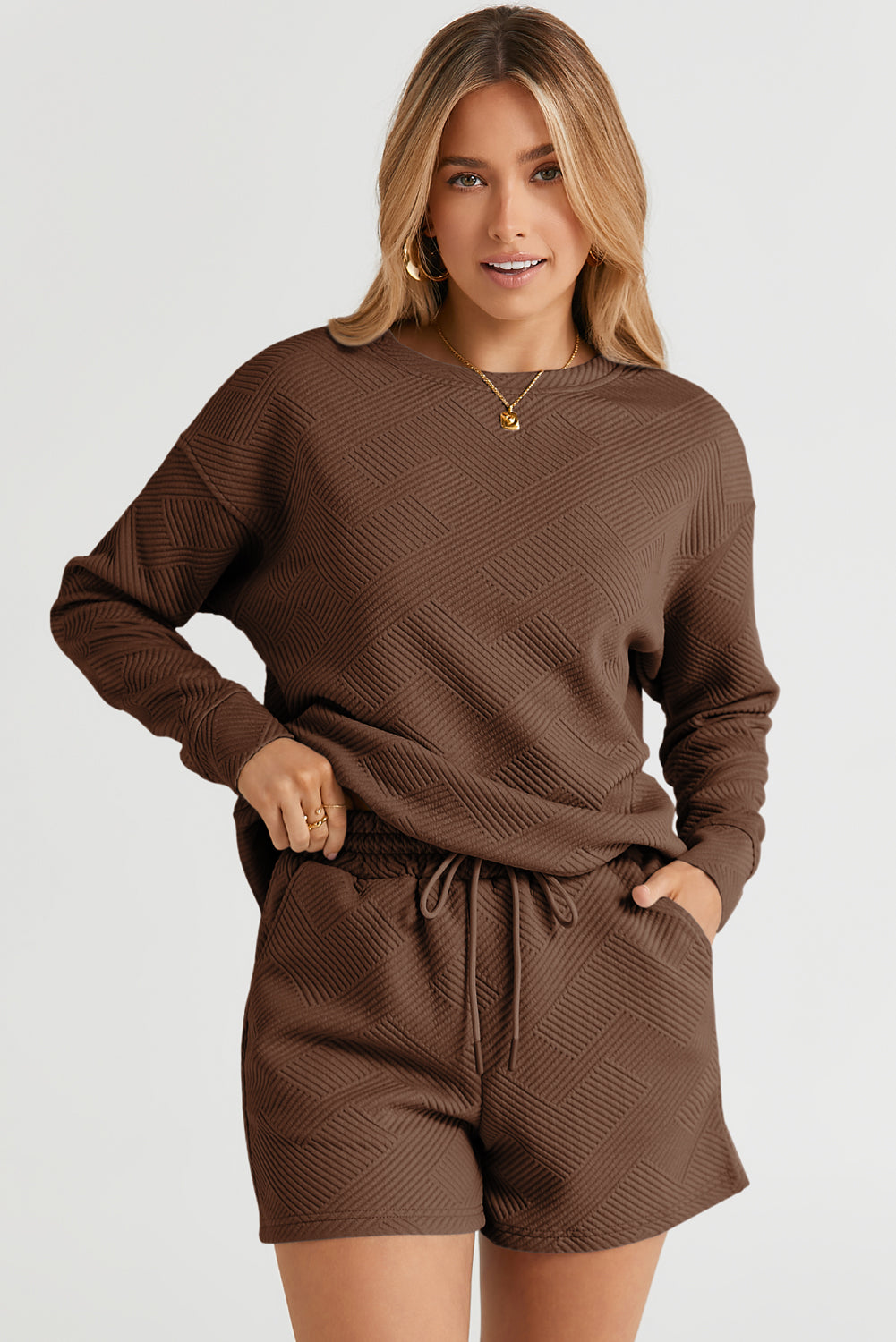 Gray Textured Loose Fit T Shirt and Drawstring Pants Set