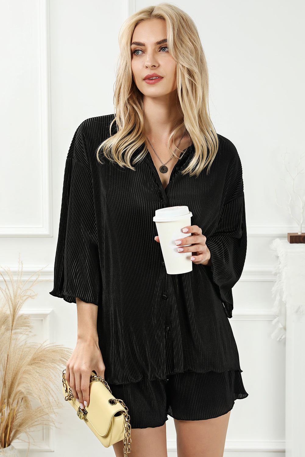 Black Pleated Long Sleeve Shirt and Wide-Leg Pants Set