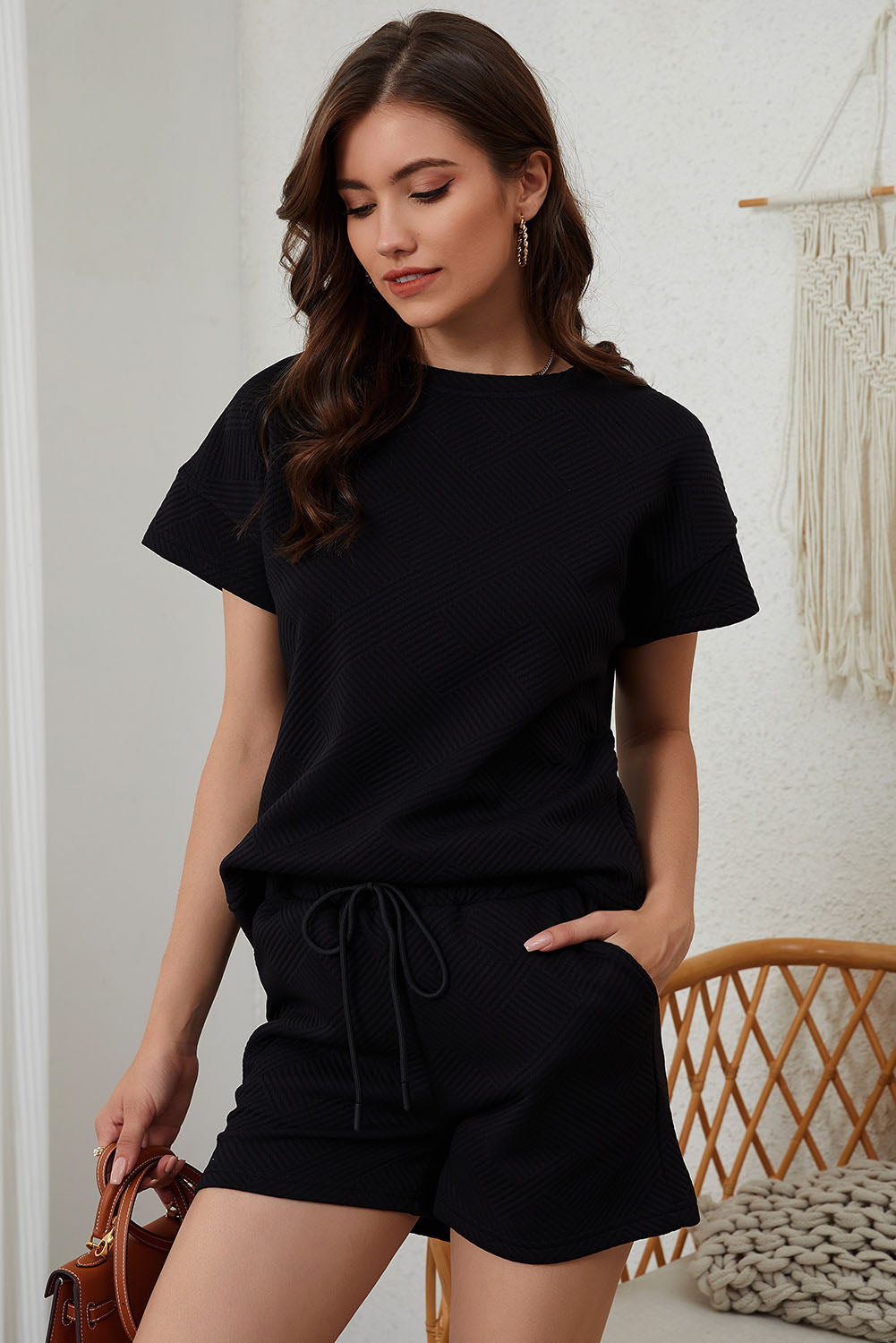 Gray Textured Loose Fit T Shirt and Drawstring Pants Set