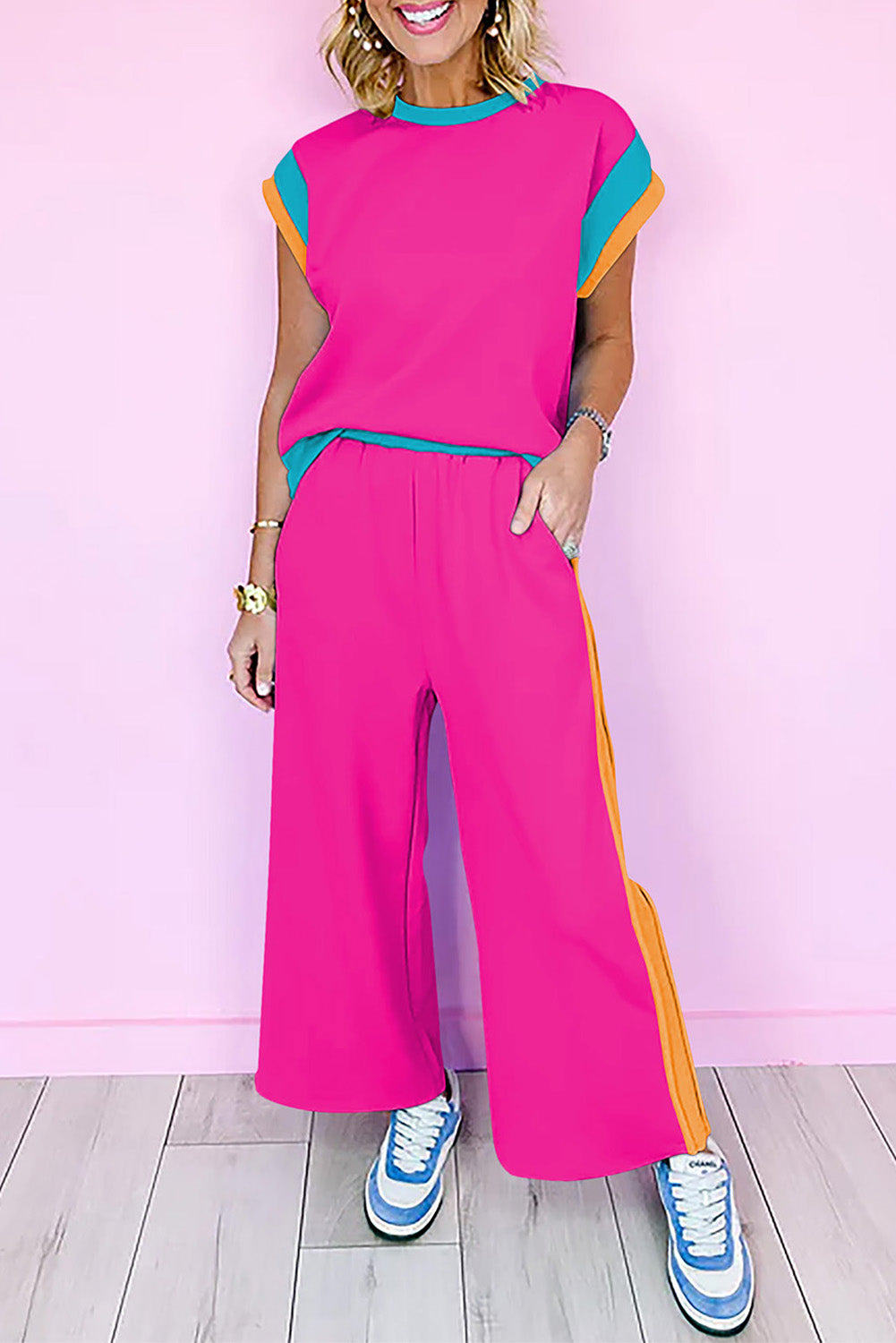 Black Color Block Detail Casual Two-piece Outfit