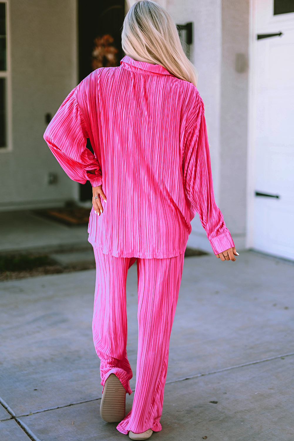 Black Pleated Long Sleeve Shirt and Wide-Leg Pants Set