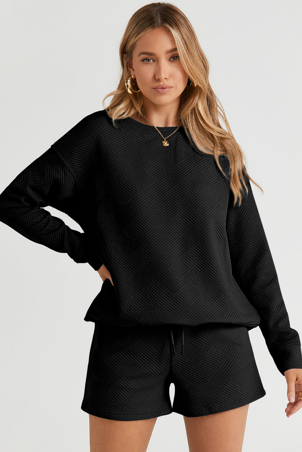 Gray Textured Loose Fit T Shirt and Drawstring Pants Set