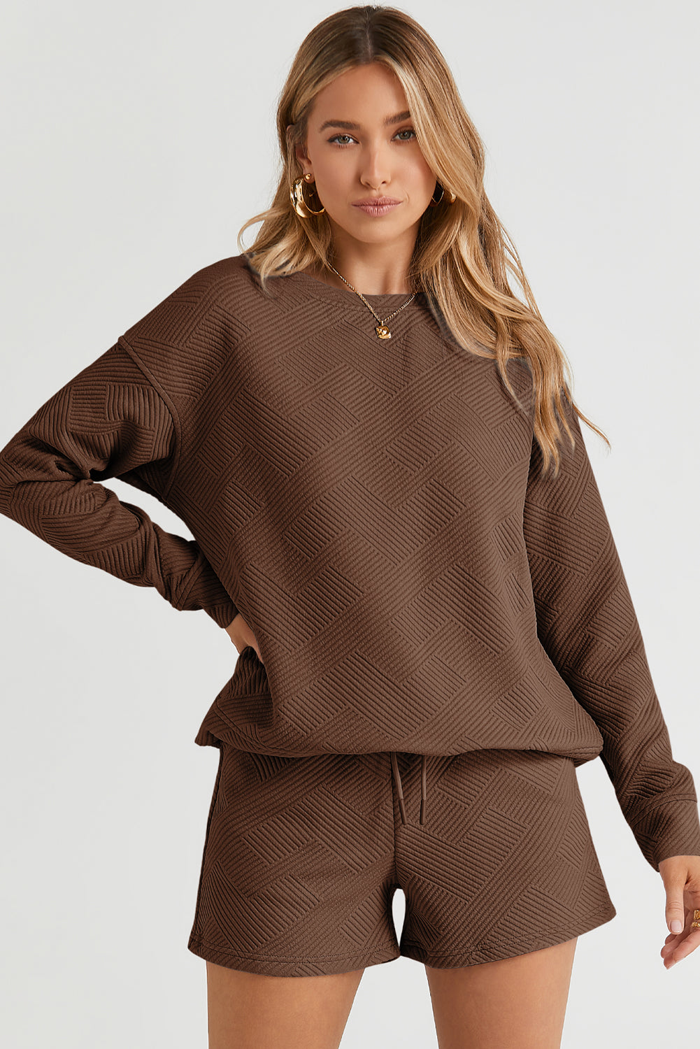 Gray Textured Loose Fit T Shirt and Drawstring Pants Set