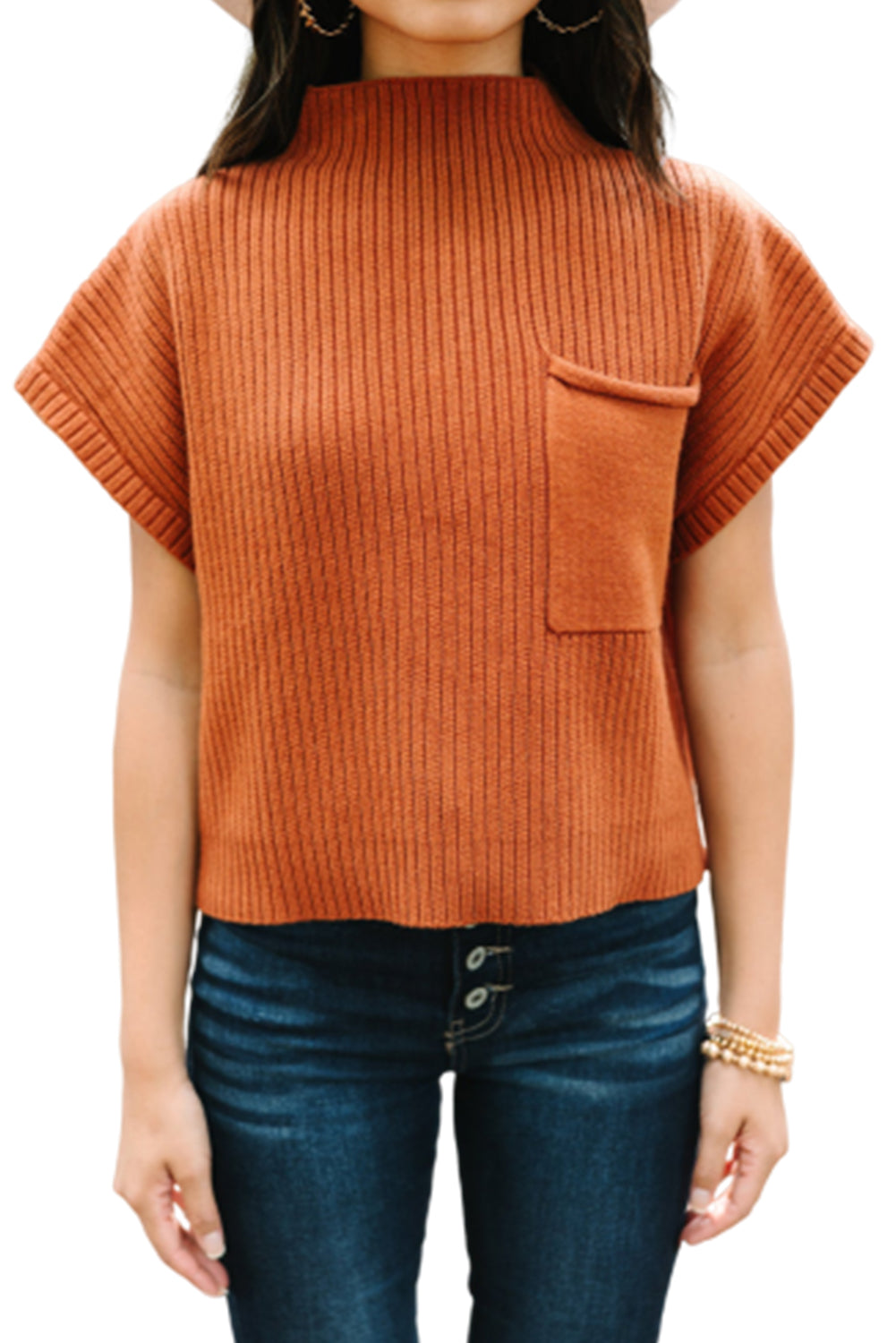 Oatmeal Patch Pocket Ribbed Knit Short Sleeve Sweater Dress