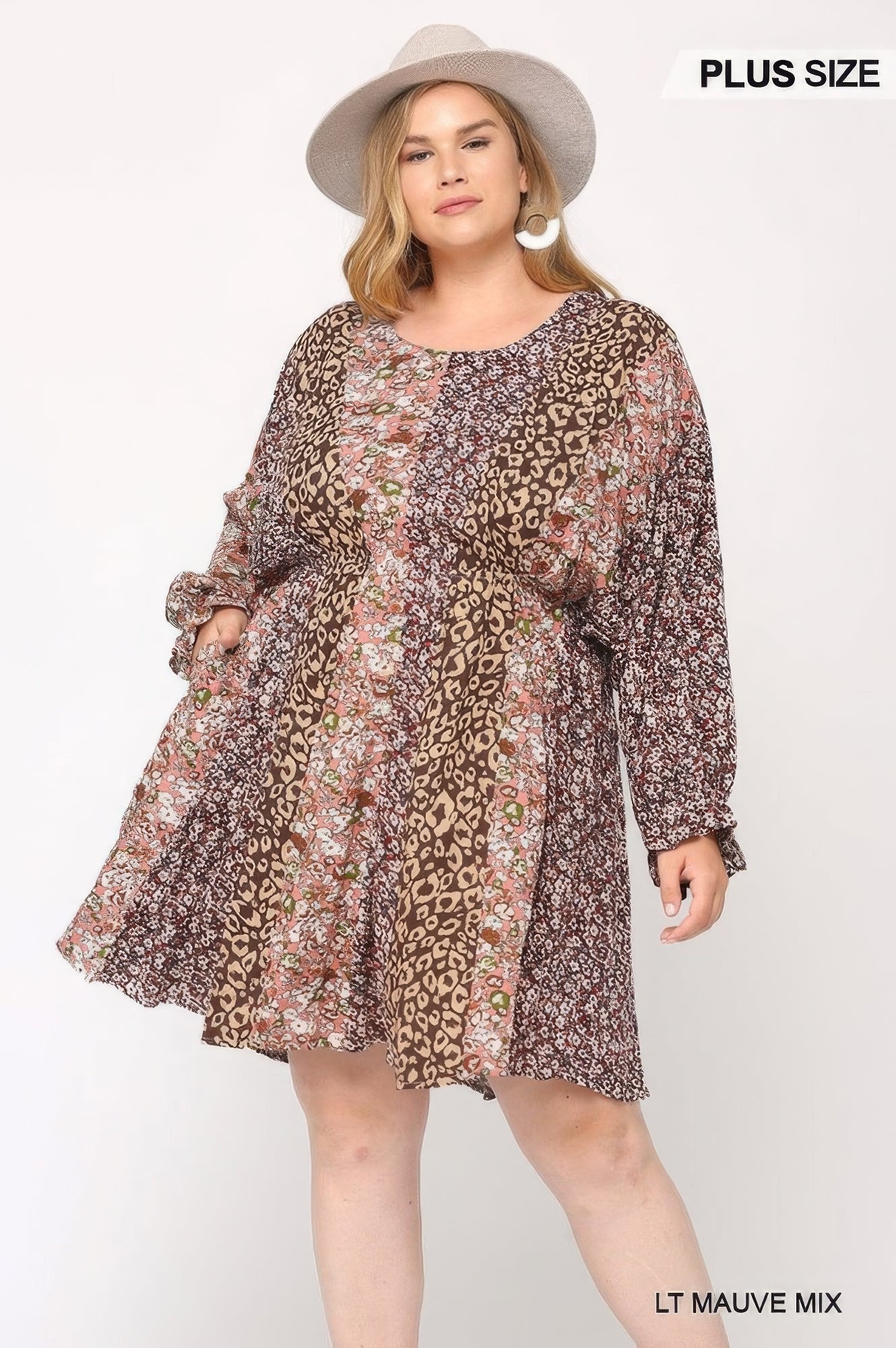 Print Mixed Dolman Sleeve Dress With Side Pockets