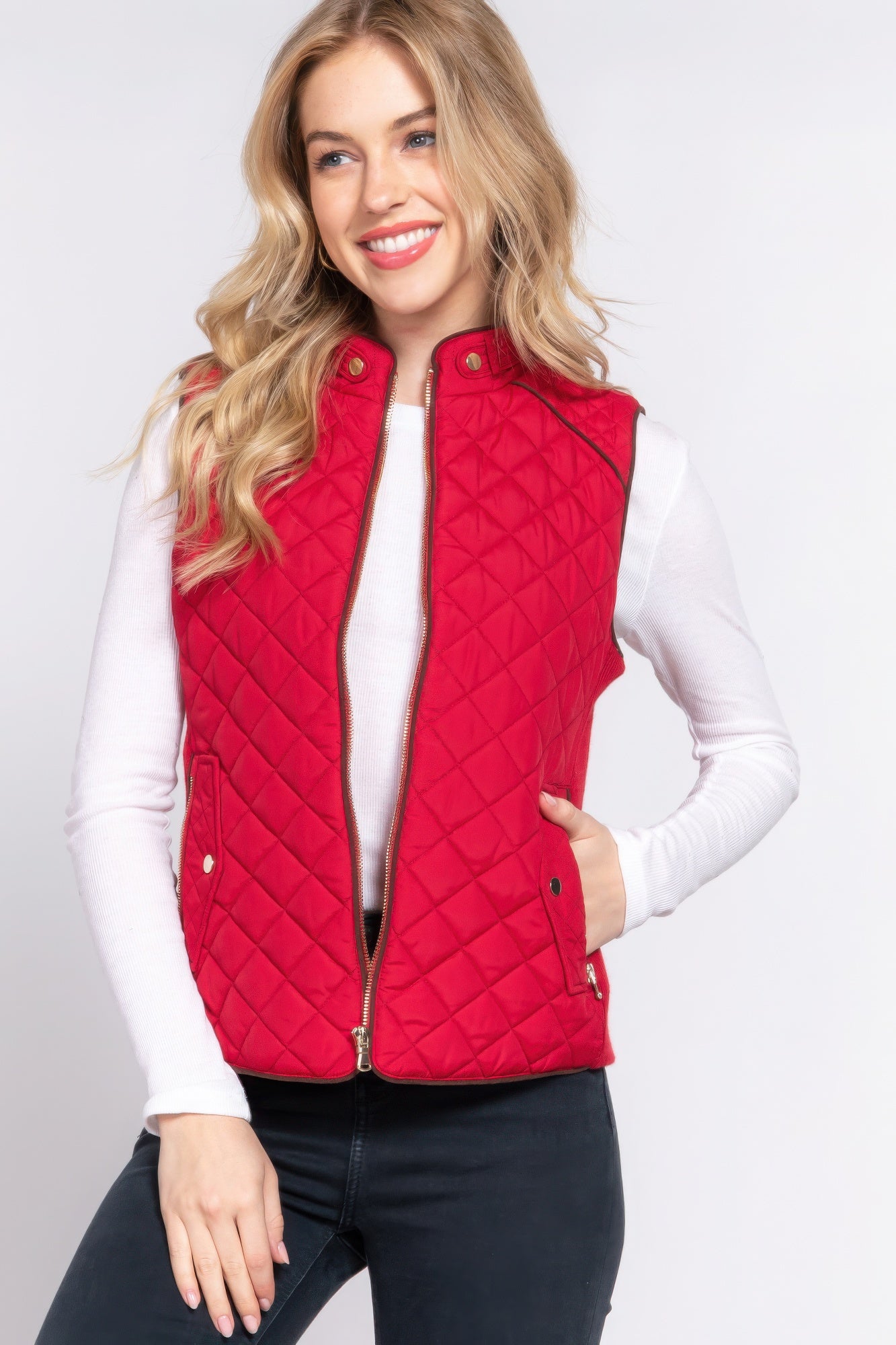 Suede Piping Quilted Padding Vest