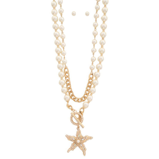 Star pendant pearl bead toggle clasp layered necklace